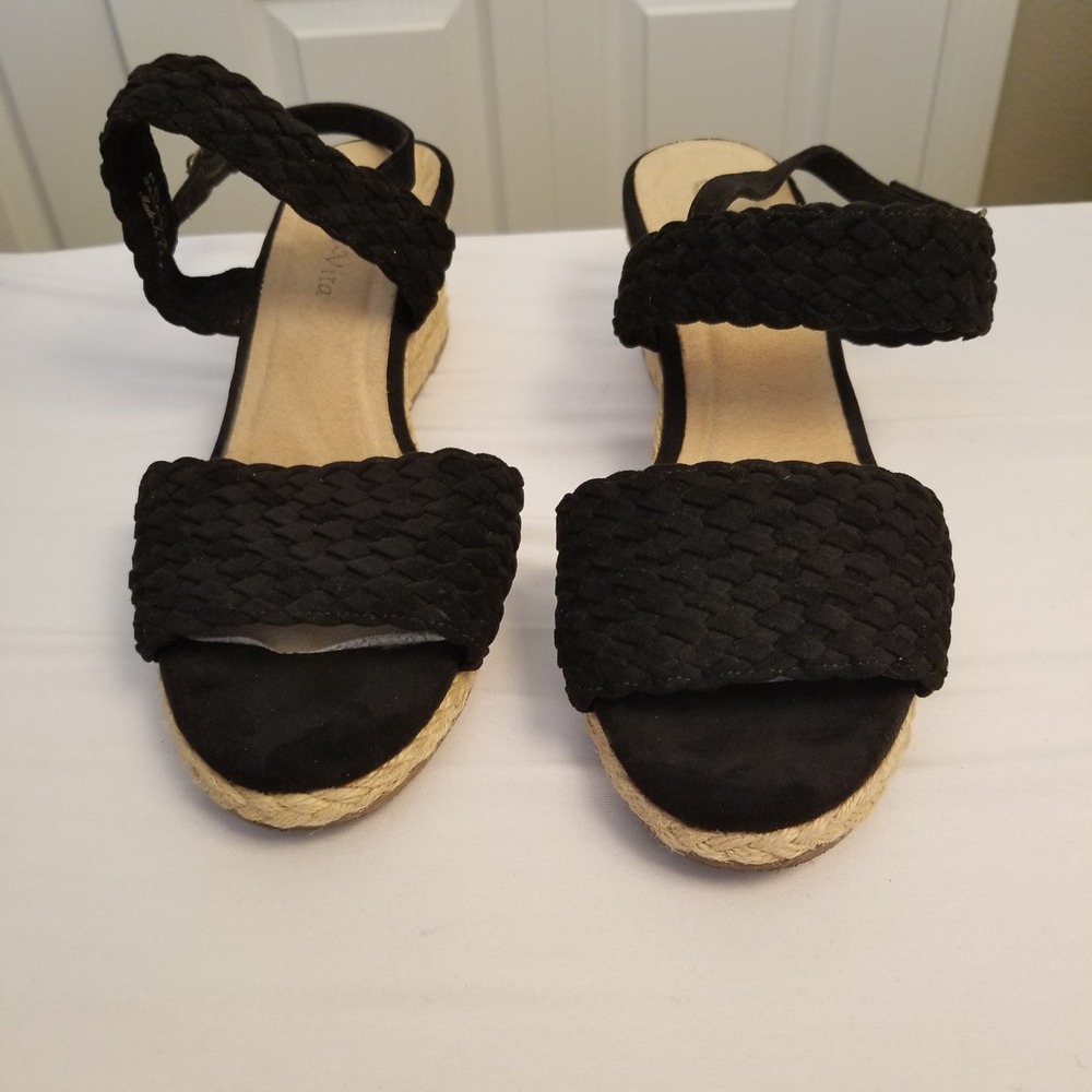 Bella Vita Black Braided Espadrille Wedge Sandals Women Size 11W Strappy Boho